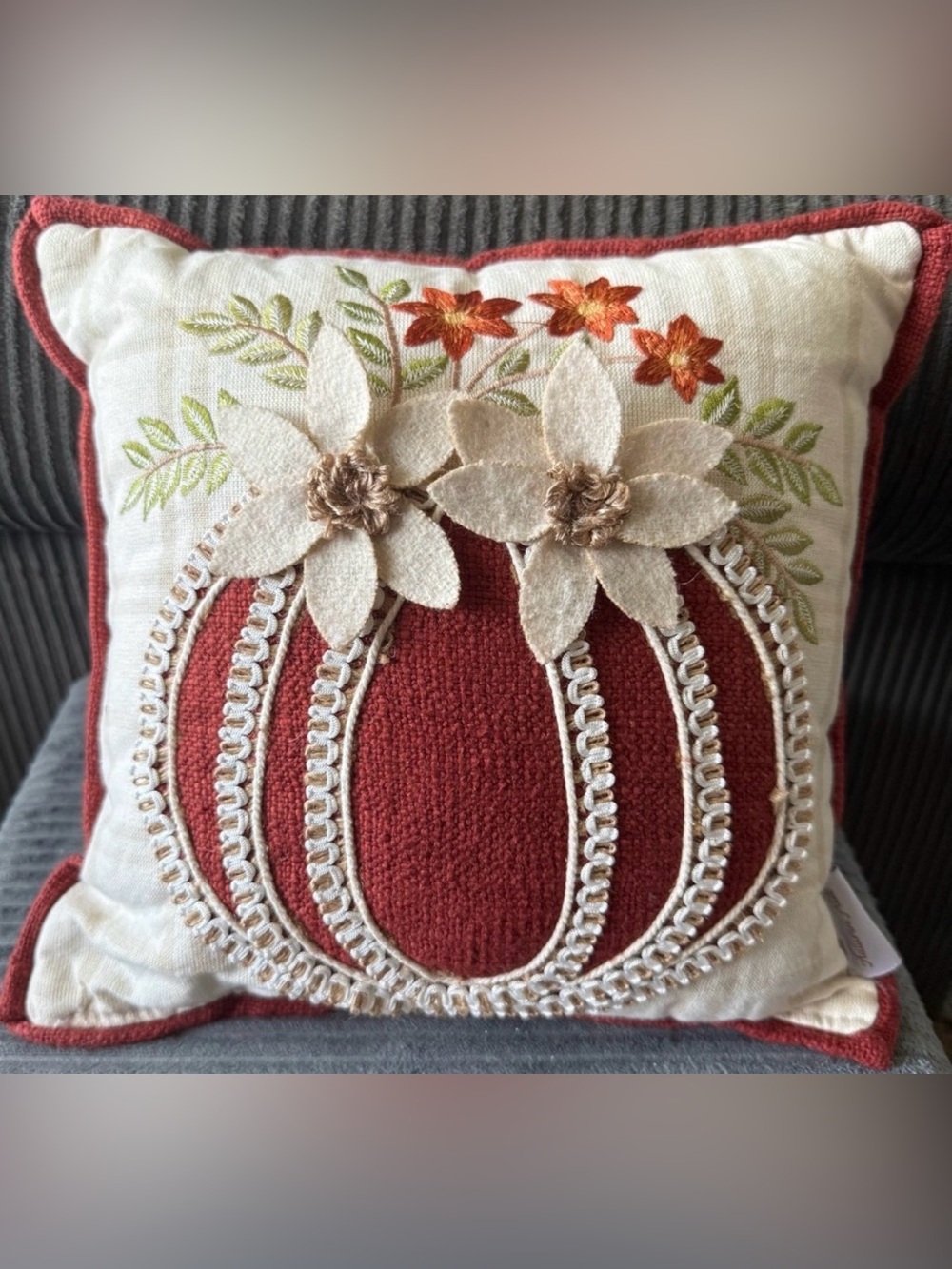 Autumn Hill Fall Embroidered Pumpkin Throw Pillow Floral Decorative